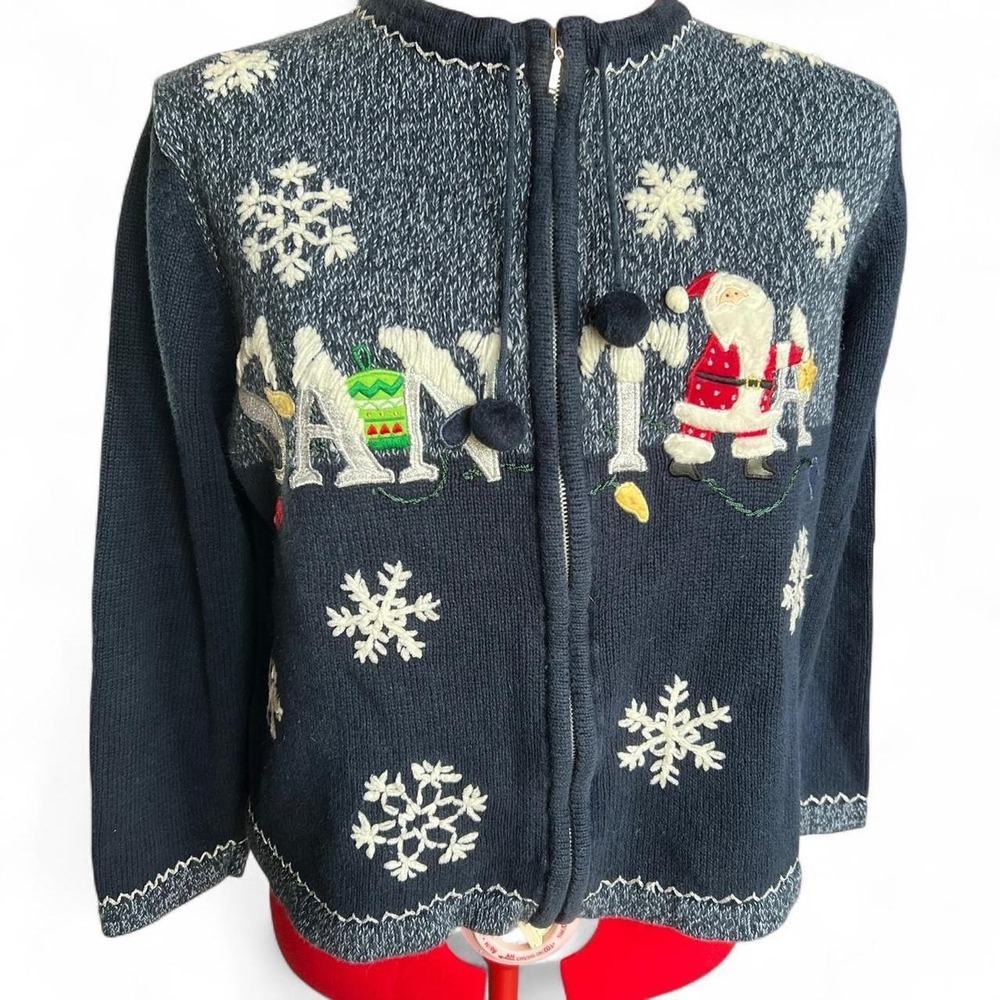 All Points By Reference Point Vintage Christmas Santa Zip Up Sweater Navy XL